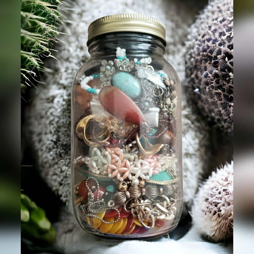 Mystery Mason jar full of Jewelry necklace, earrings, bracelets